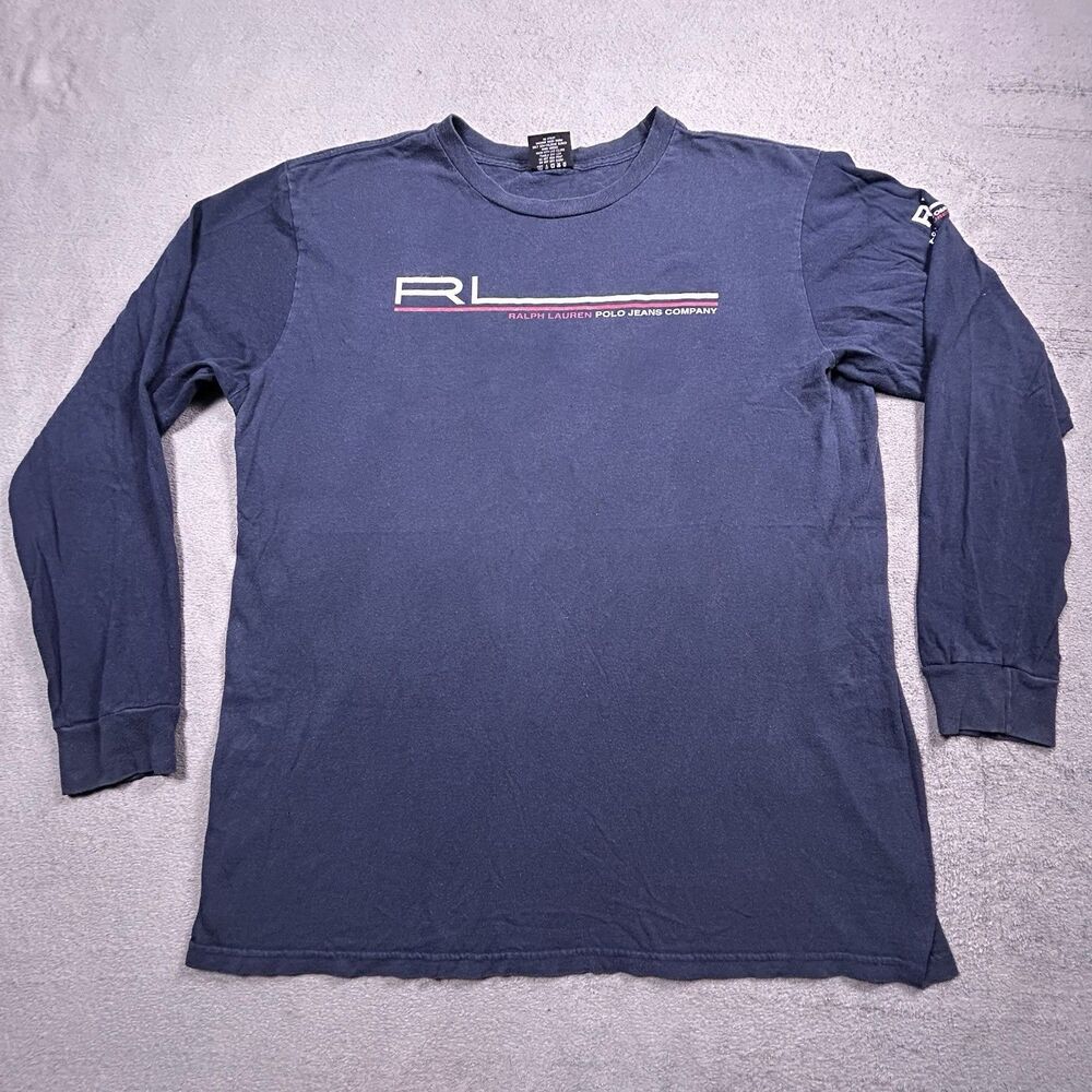 VTG Polo Jeans Co Ralph Lauren Long Sleeve Shirt Mens XXL Blue Spellout Distress